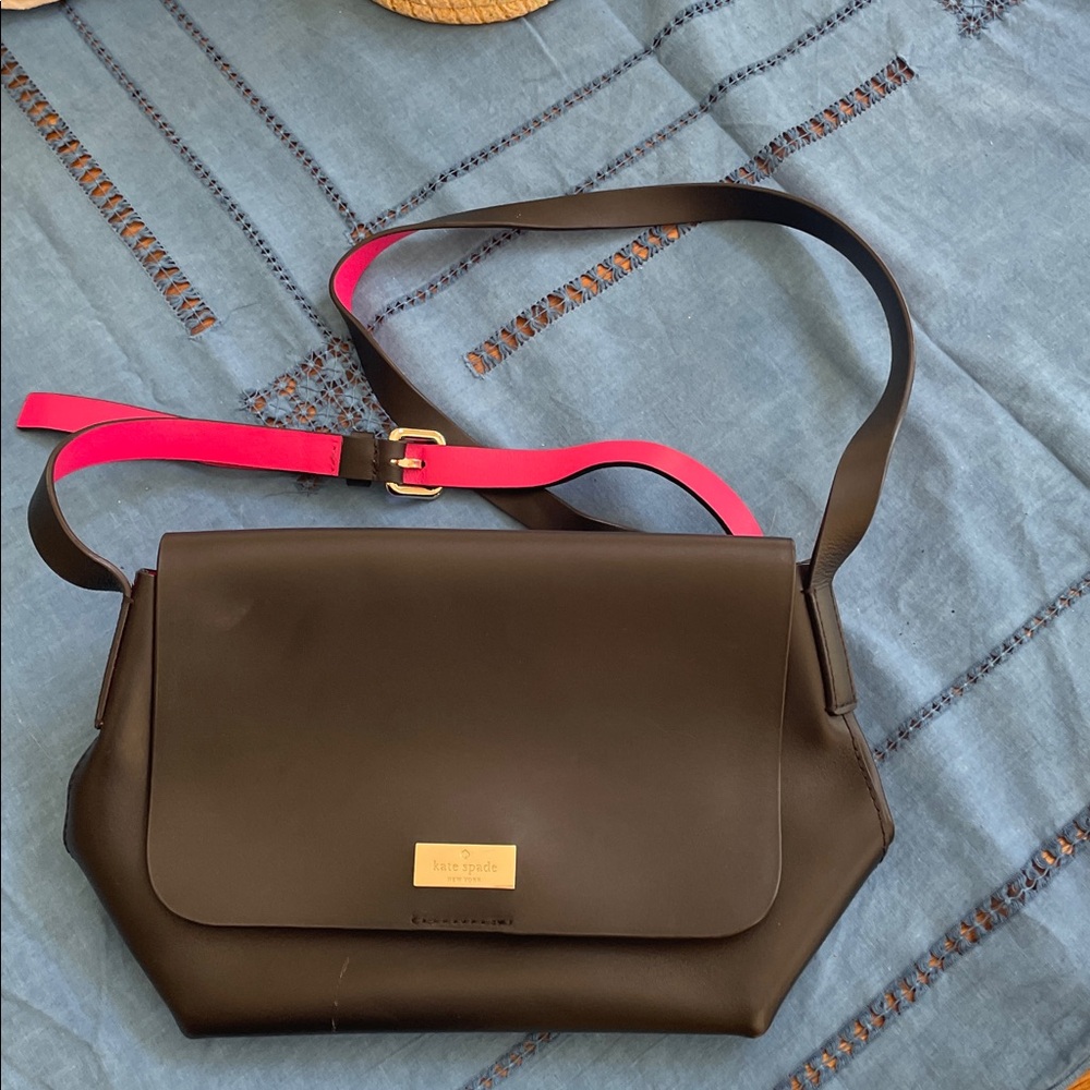 kate spade Black Leather Flap Crossbody with Gold Plaque and hot pink interior